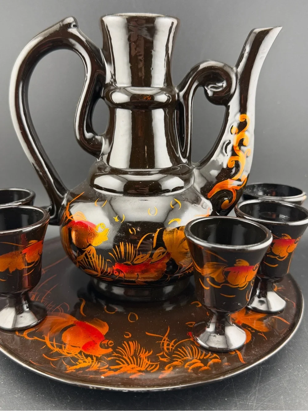 Japanese Lacquerware Sake Set Pitcher (no Lid) Tray 5 Small Cups Goldfish Theme